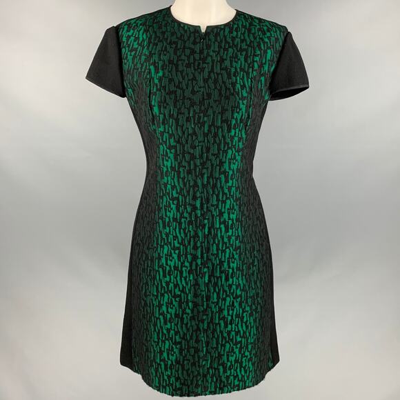 JOANNA MASTROIANNI Size 8 Black Green Jacquard Short Sleeve Below Knee Dress